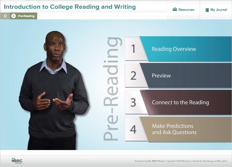 An image shows a screen shot of the second subsection of the unit, Pre-Reading.